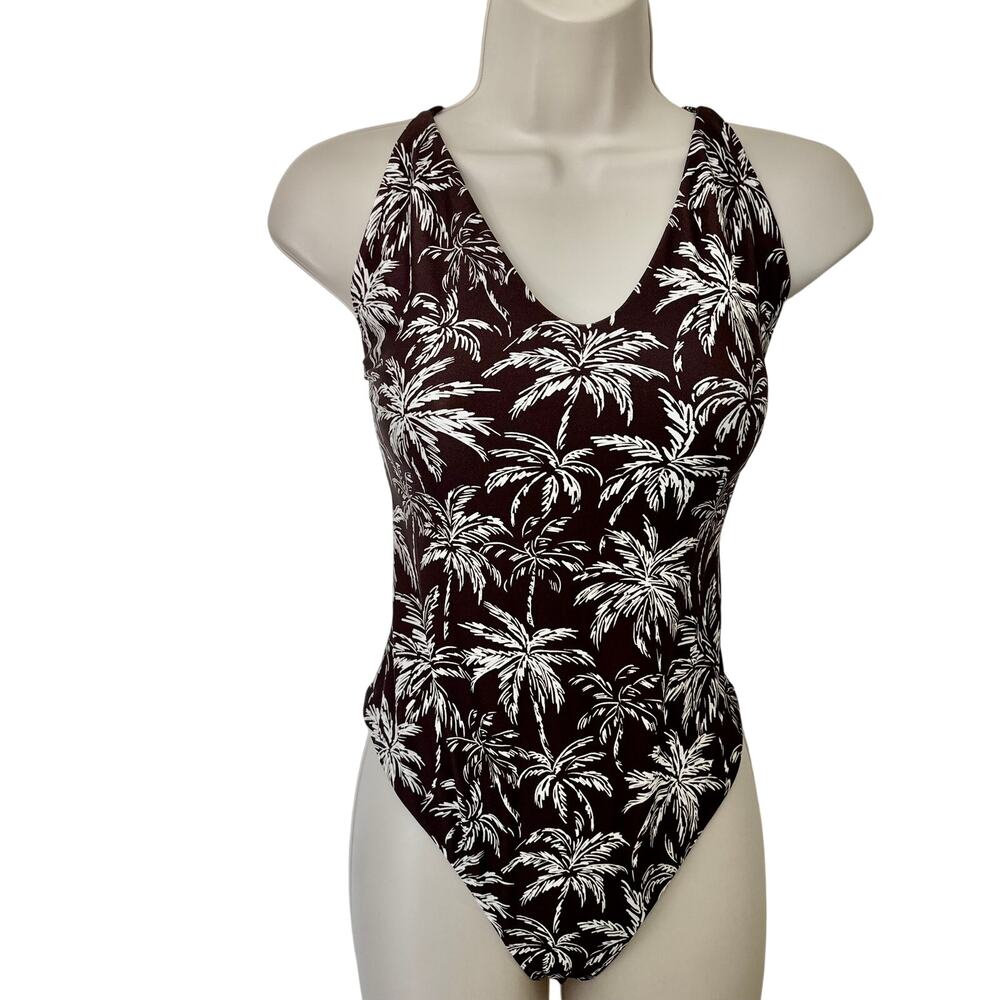 Faherty Kauai Brown Tropical Palm Print One Piece Halter Swimsuit Coastal Resort